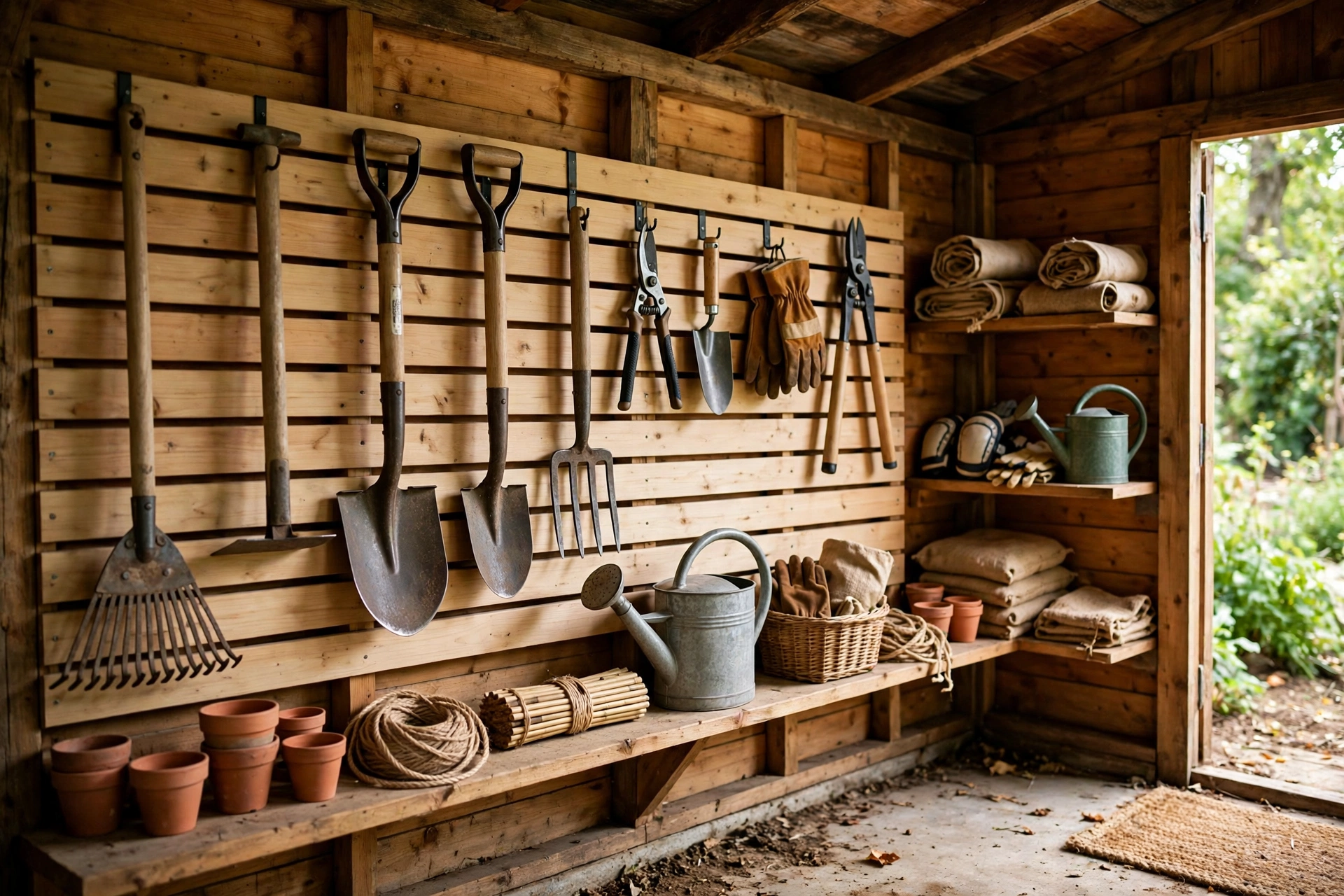 Garden Tool Storage Walls for Residential Sheds With Restricted Floor Space and Narrow Access
