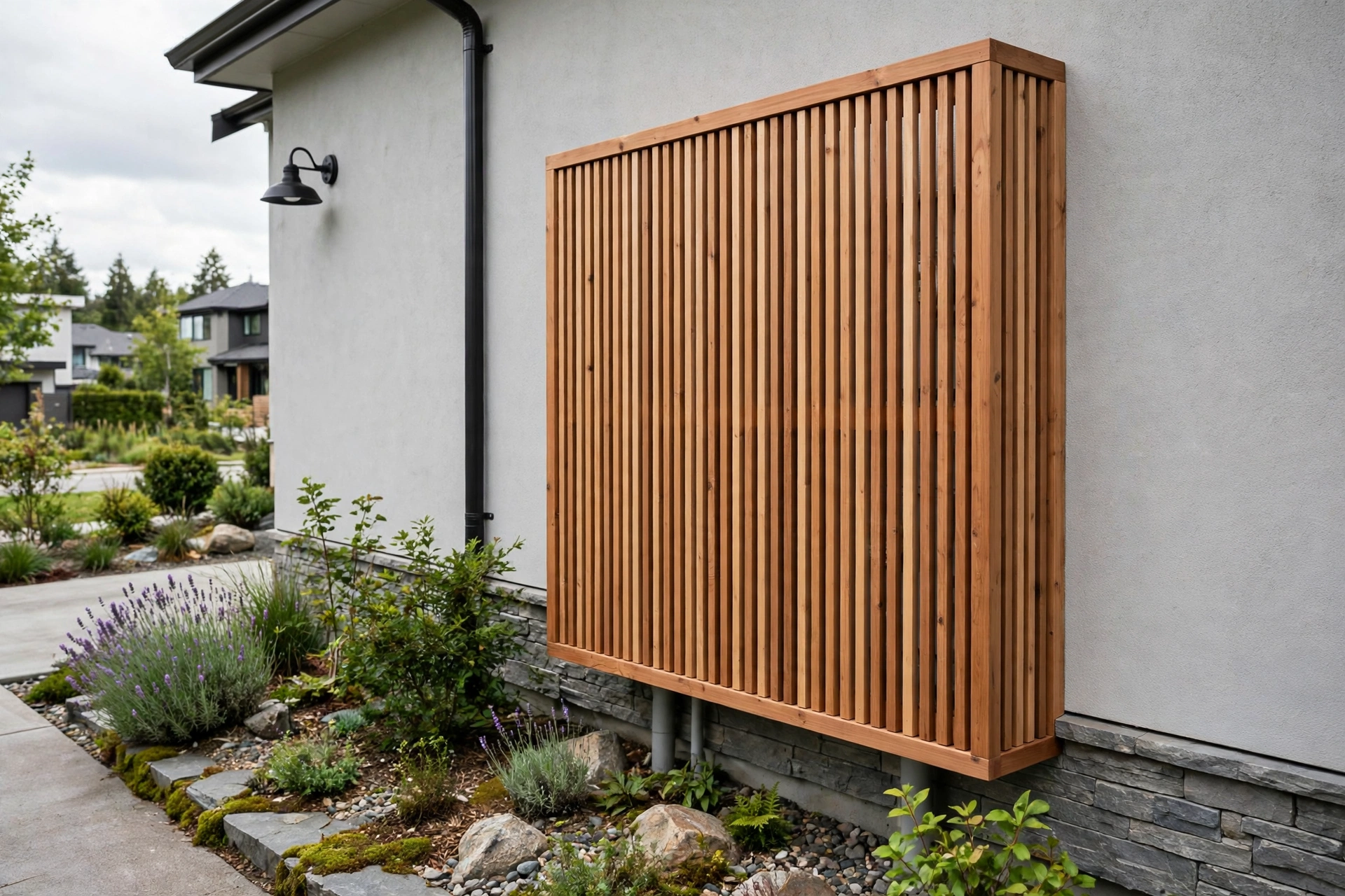 Decorative Utility Meter Screening for Residential Exterior Walls With Restricted Landscaping Space
