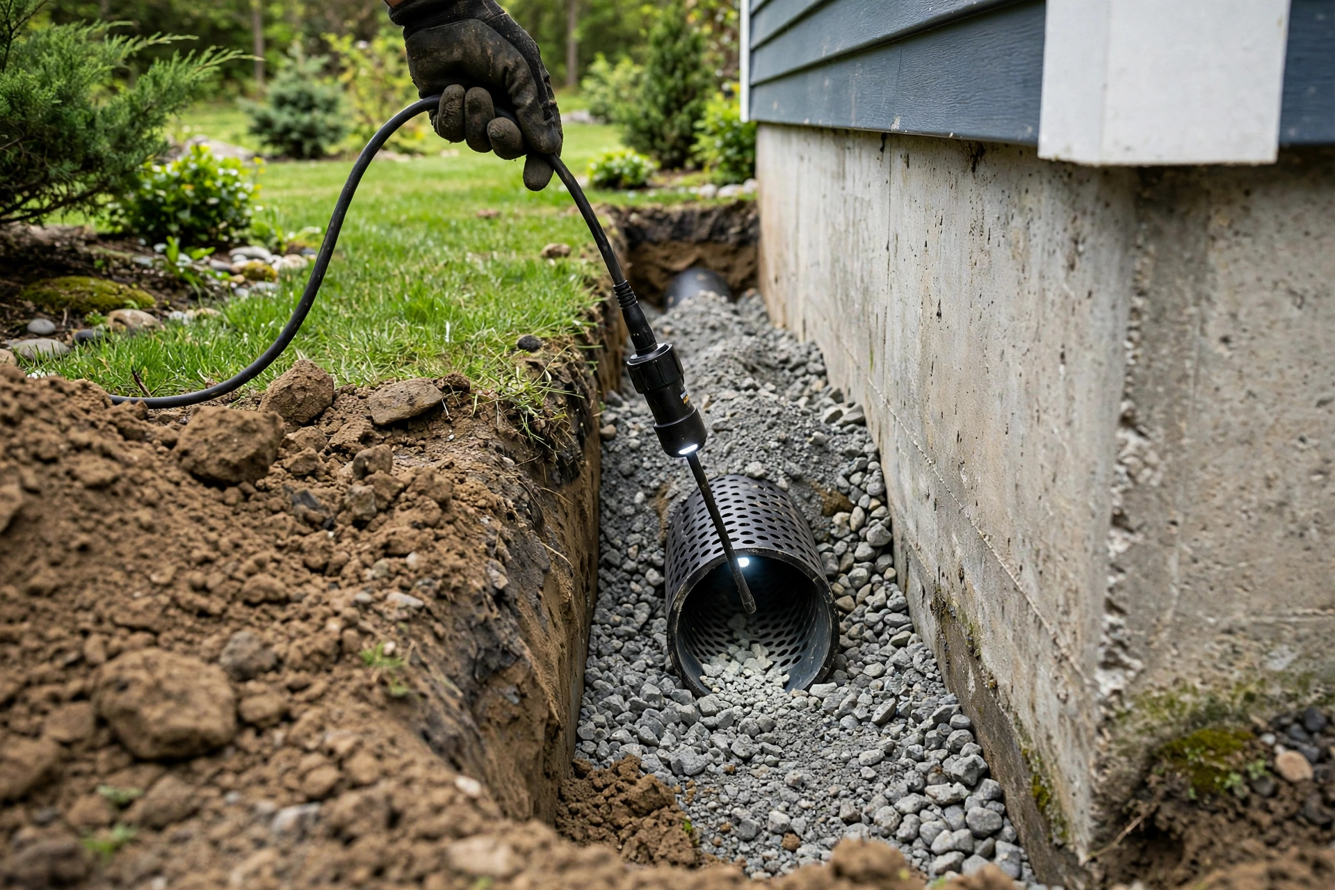Foundation drainage inspection methods hidden blockages residential landscaping