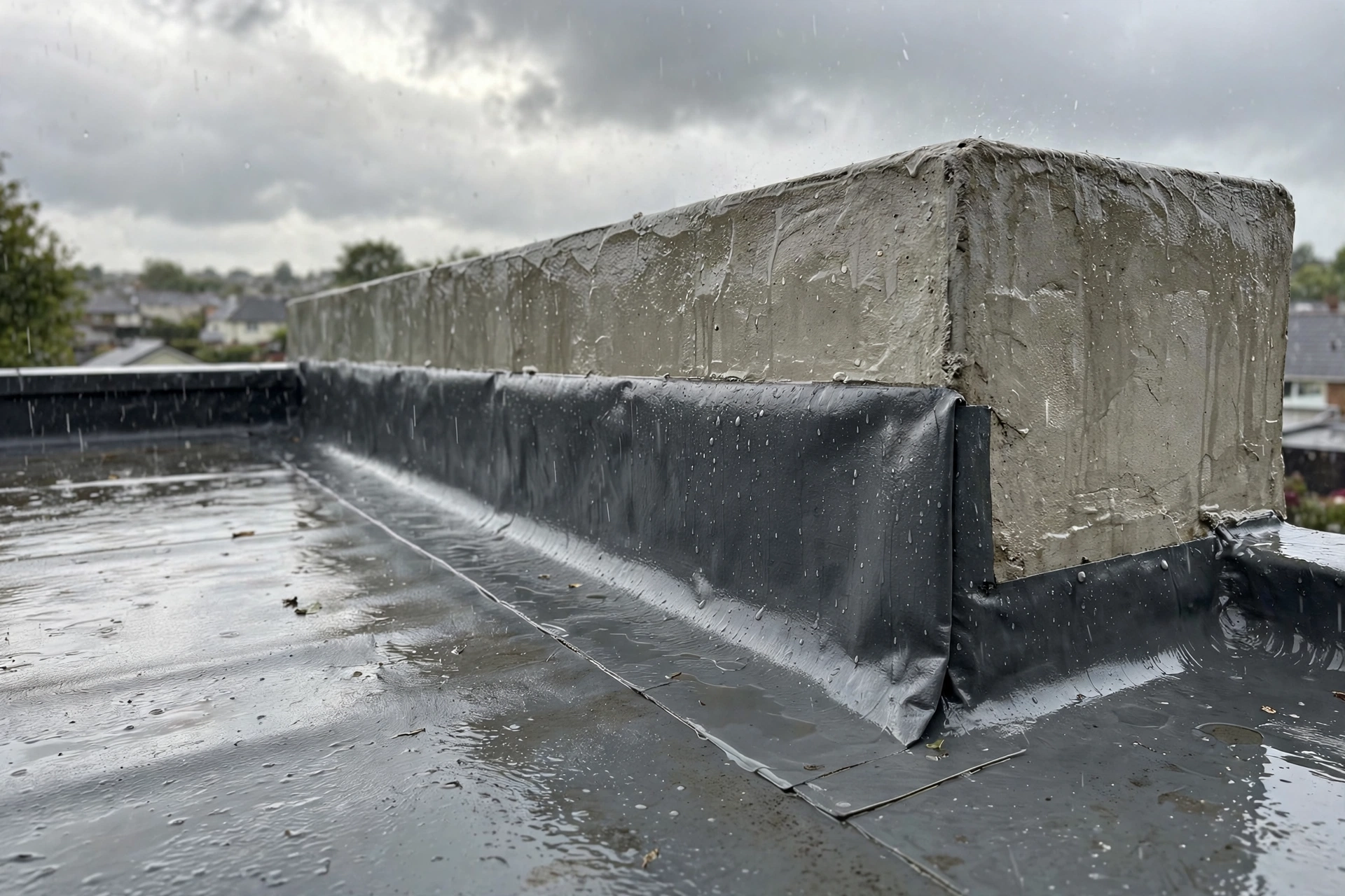 Residential parapet wall waterproofing flat roof edges rainwater penetration